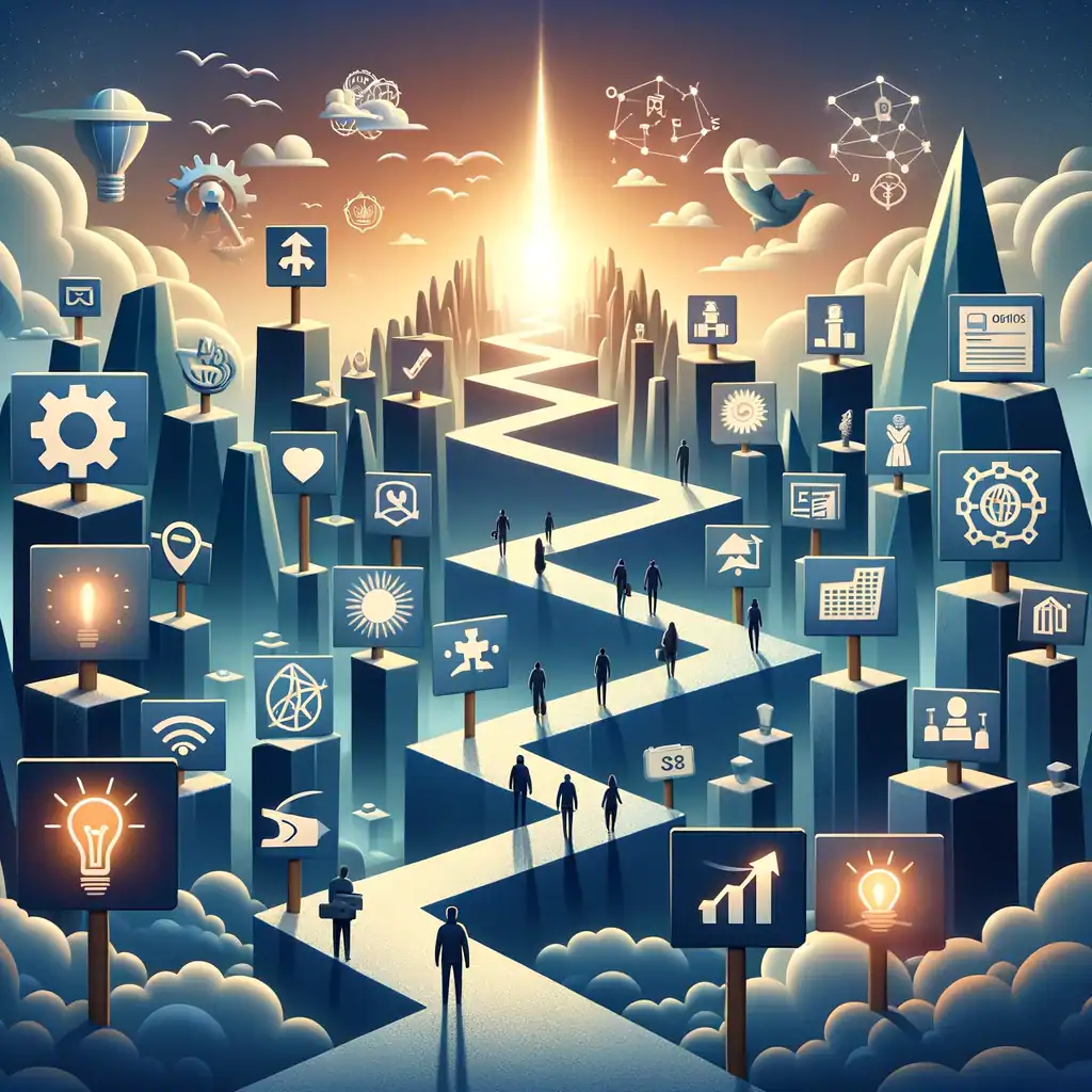 Innovative digital landscape with icons representing technology, growth, and strategy, symbolizing business development and investment opportunities.