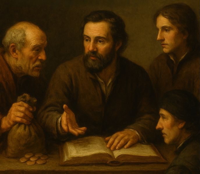 Coins and a book on a desk in a historical scene depicting financial advice or business discussion.