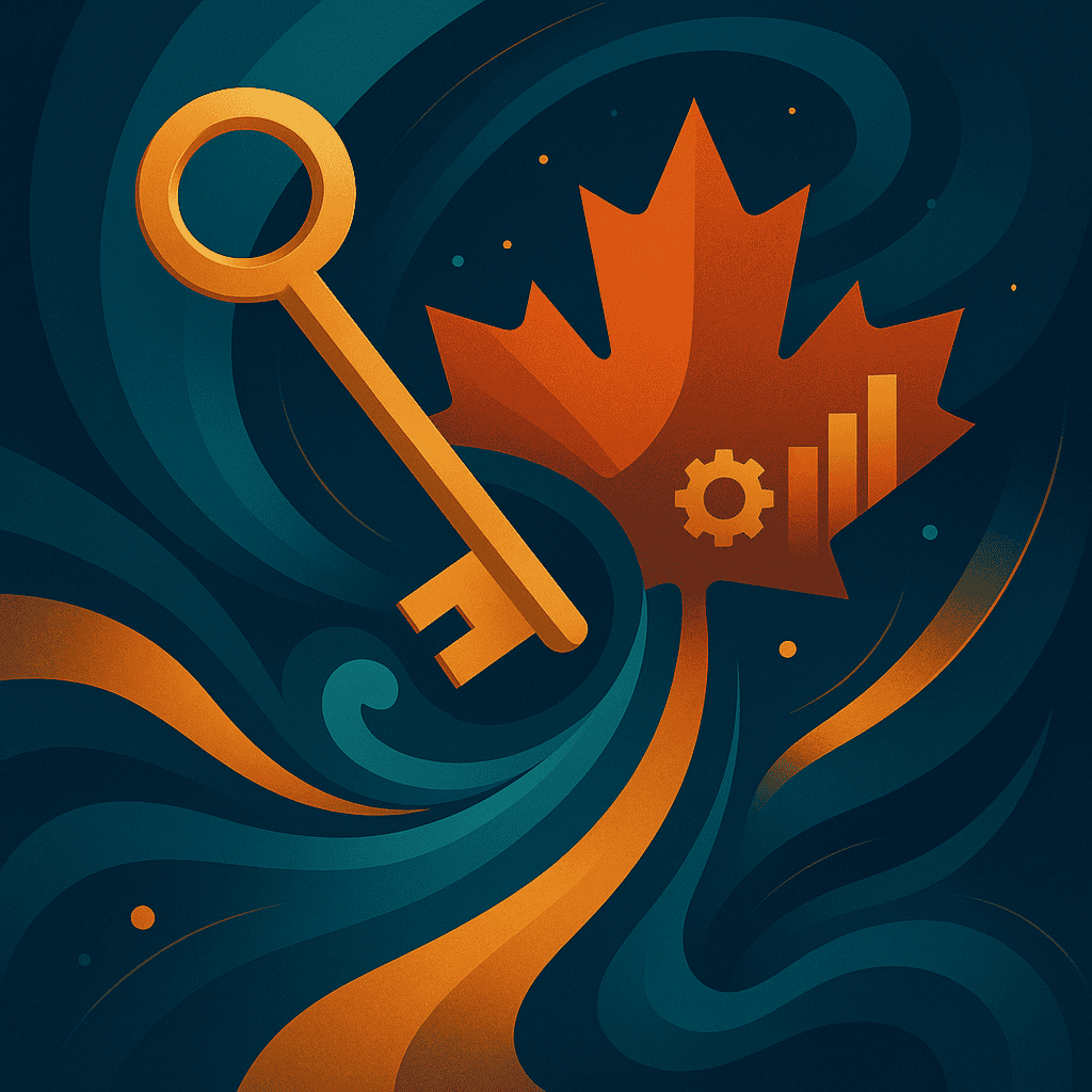 Orange key with maple leaf, gear icon, and bar chart representing financial growth, innovation, and expertise for Sidecar Capital Partners SEO image.