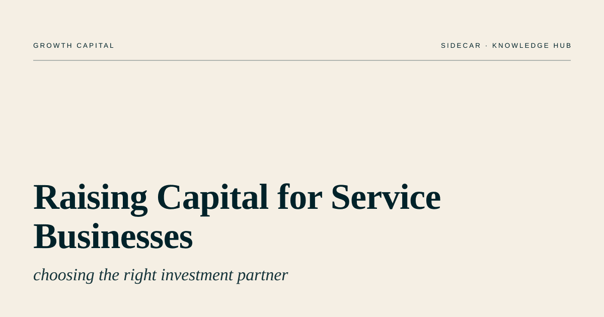 Professional team discussing investment strategies for service businesses at Sidecar Capital Partners. Focus on growth capital and investment partnership.